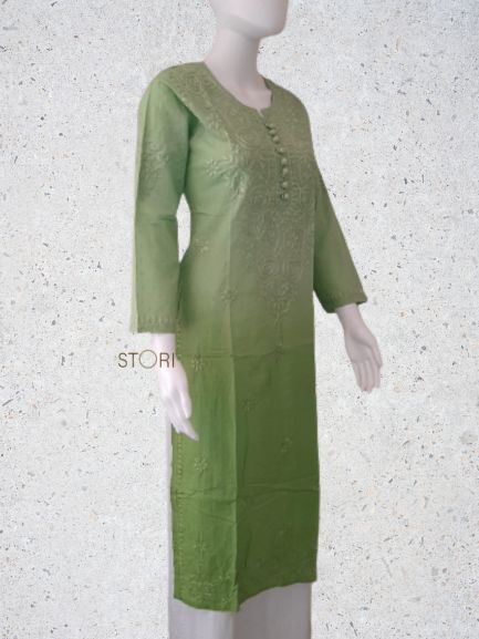 Pista Green Ombre Shaded Soft Dobby Cotton Chikankari Kurti