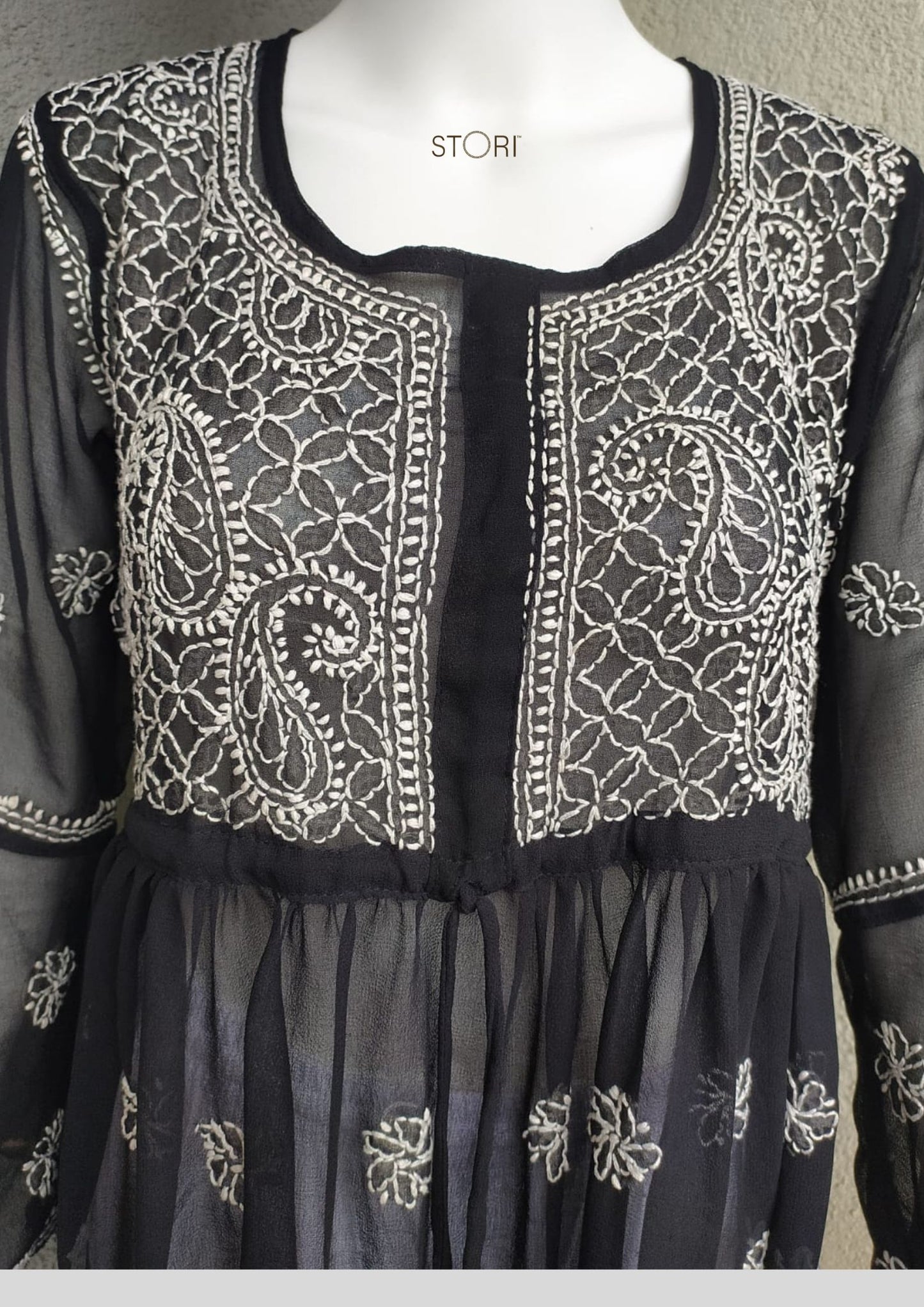 Black Short Georgette Chikankari Kurti With Bell Sleeves