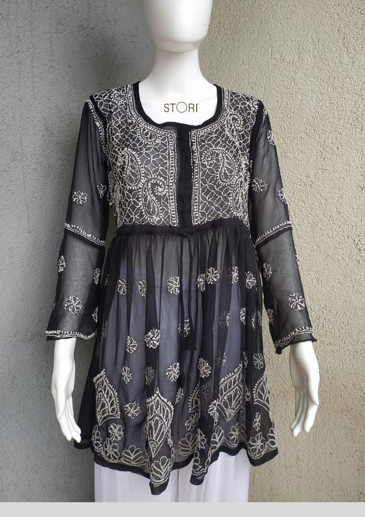 Black Short Georgette Chikankari Kurti With Bell Sleeves