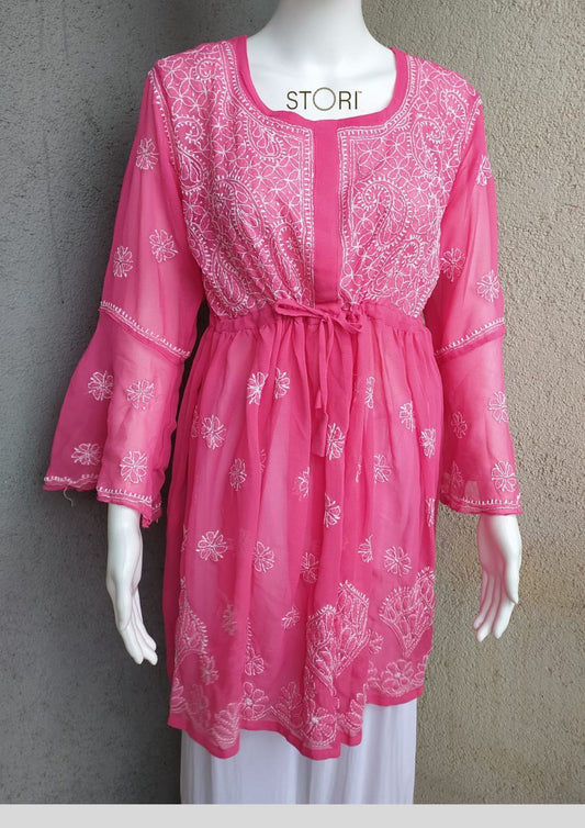 Bright Pink Short Georgette Chikankari Kurti With Bell Sleeves
