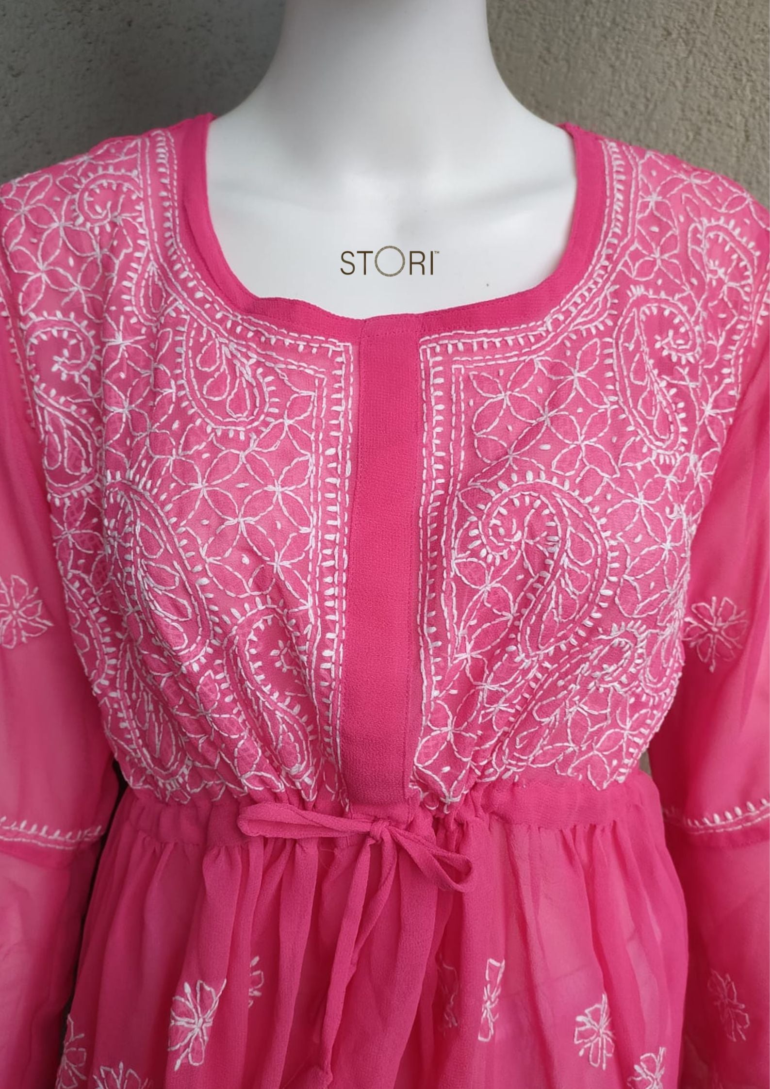 Bright Pink Short Georgette Chikankari Kurti With Bell Sleeves