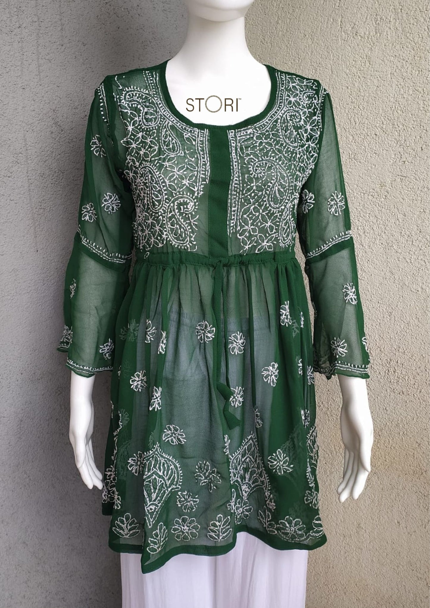 Pine Green Short Georgette Chikankari Kurti With Bell Sleeves