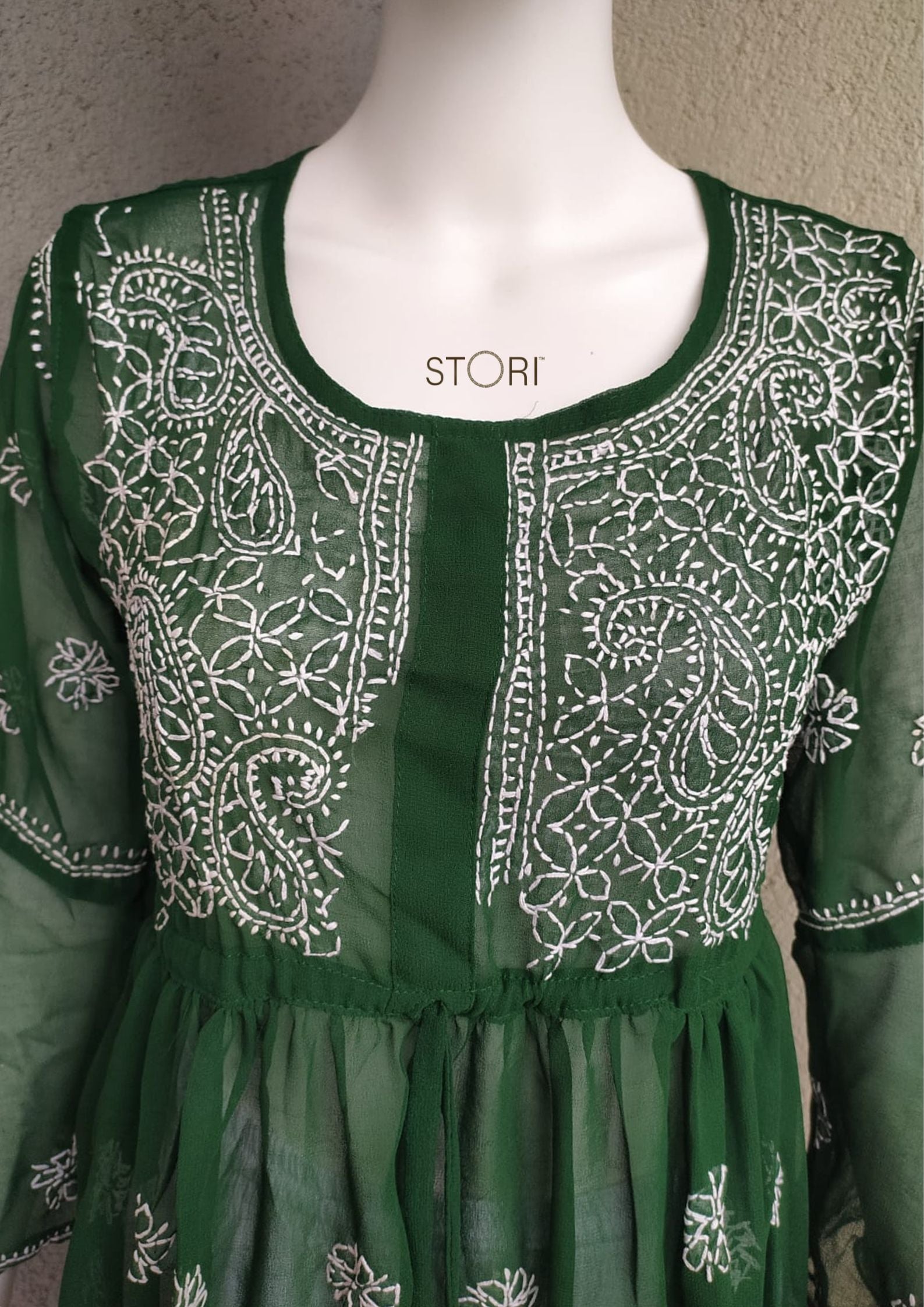 Pine Green Short Georgette Chikankari Kurti With Bell Sleeves
