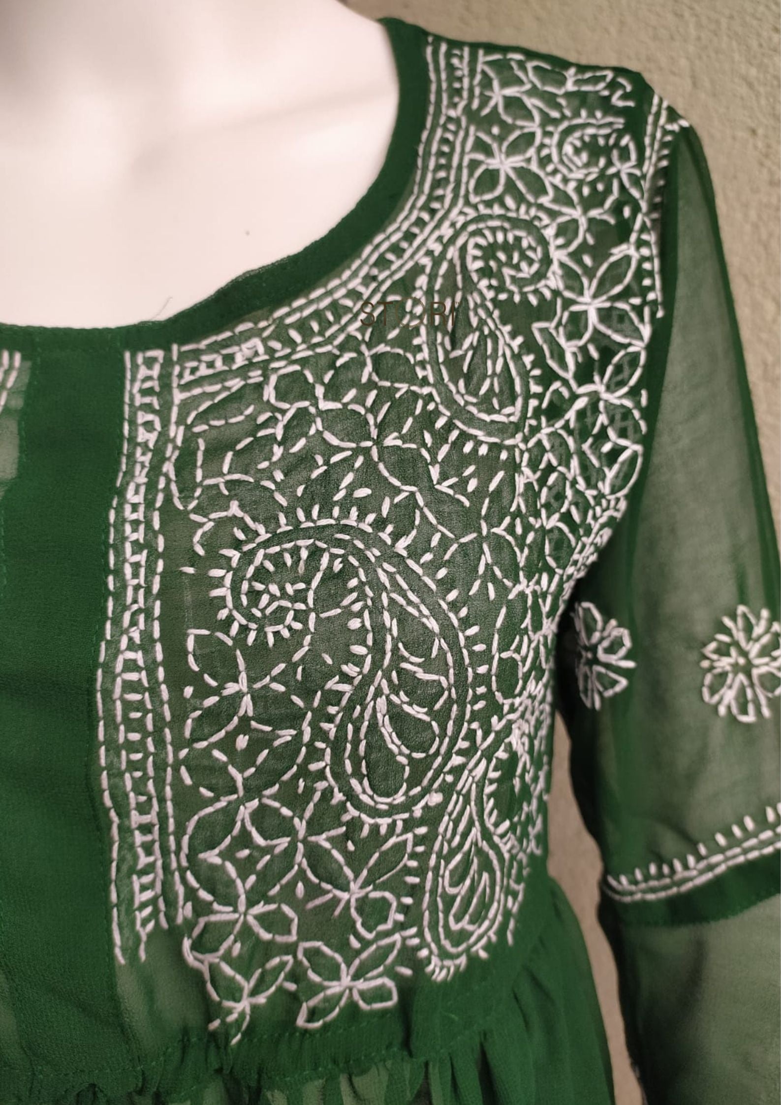 Pine Green Short Georgette Chikankari Kurti With Bell Sleeves