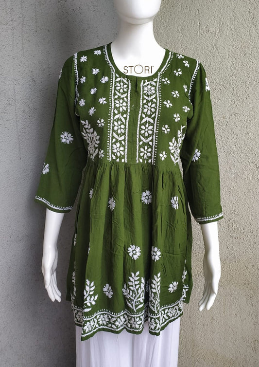 Mehendi Green Flared Rayon Short Chikankari Gown Kurti