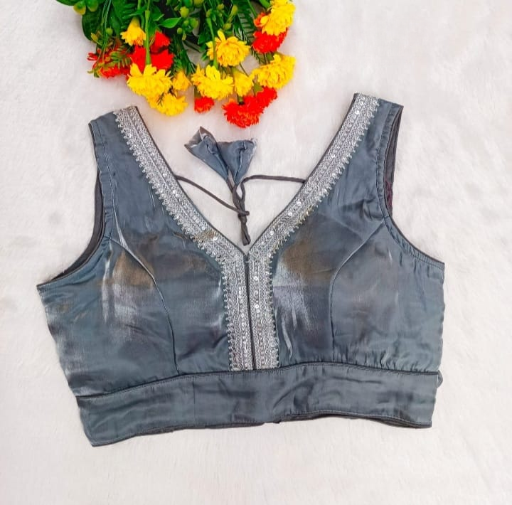 Readymade Organza Blouse with Silver Zari Lace