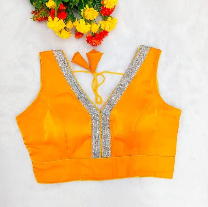 Yellow Readymade Organza Blouse with Silver Zari Lace