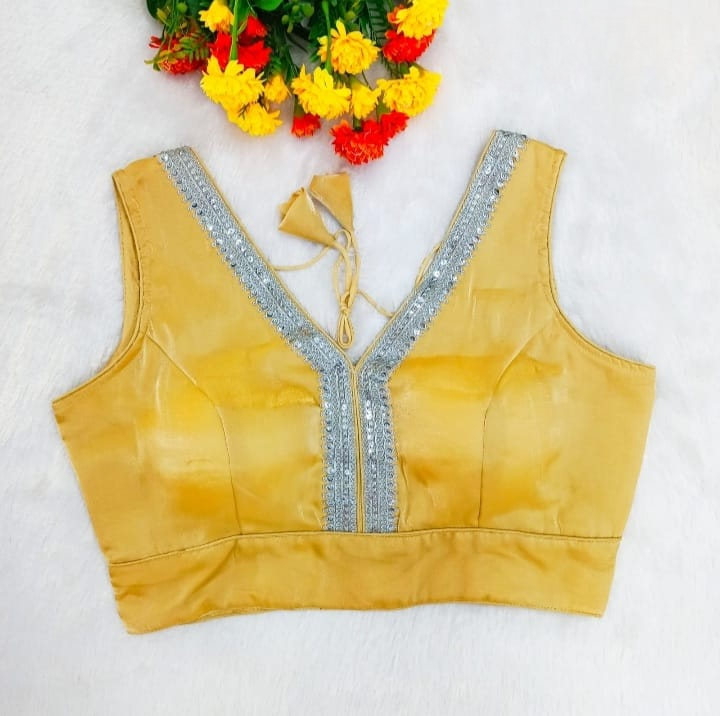Gold Readymade Organza Blouse with Silver Zari Lace