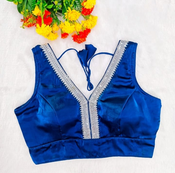 Teal Blue Readymade Organza Blouse with Silver Zari Lace