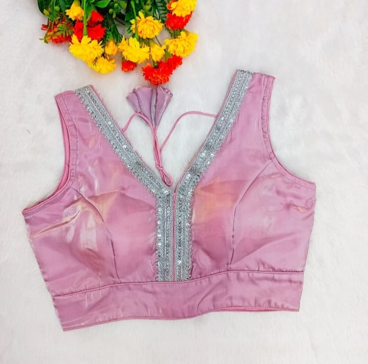 Pink Readymade Organza Blouse with Silver Zari Lace