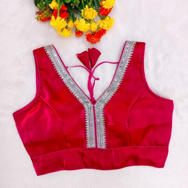Rani Pink Readymade Organza Blouse with Silver Zari Lace