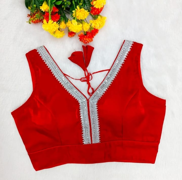 Red Readymade Organza Blouse with Silver Zari Lace