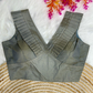 Grey Frilled V-Neck Jacquard Designer Blouse