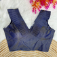 Navy Frilled V-Neck Jacquard Designer Blouse