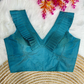 Blue Frilled V-Neck Jacquard Designer Blouse