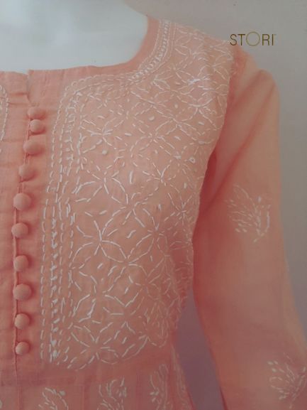 Peach Voile Cotton Anarkali Chikankari Kurti