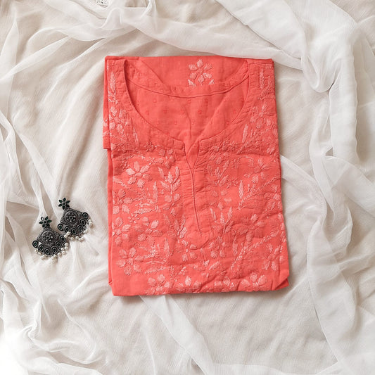 Peach Dobby Cotton Short Chikankari Kurti