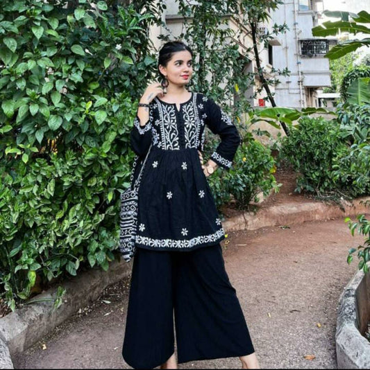 Black Flared Cotton Short Chikankari Kurti