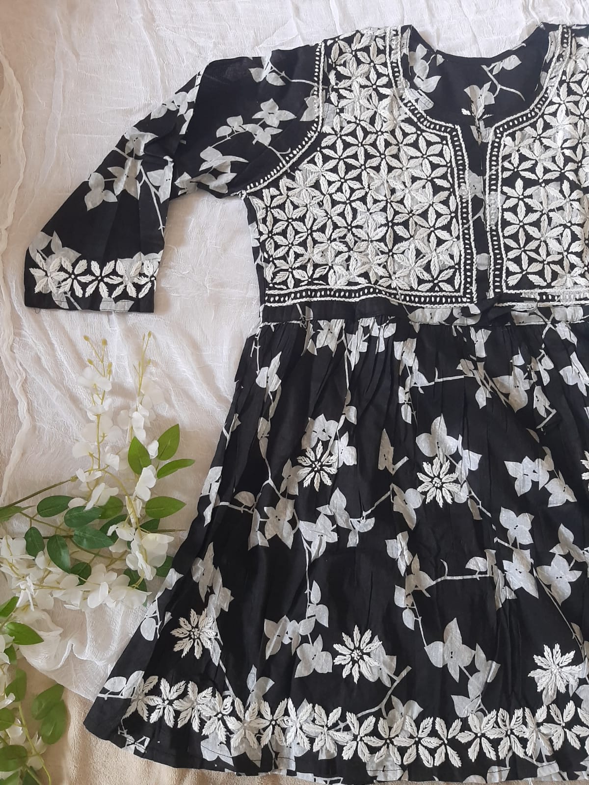 Petals Printed Black Cotton Mulmul Chikankari Short Kurti