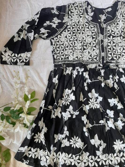 Petals Printed Black Cotton Mulmul Chikankari Short Kurti