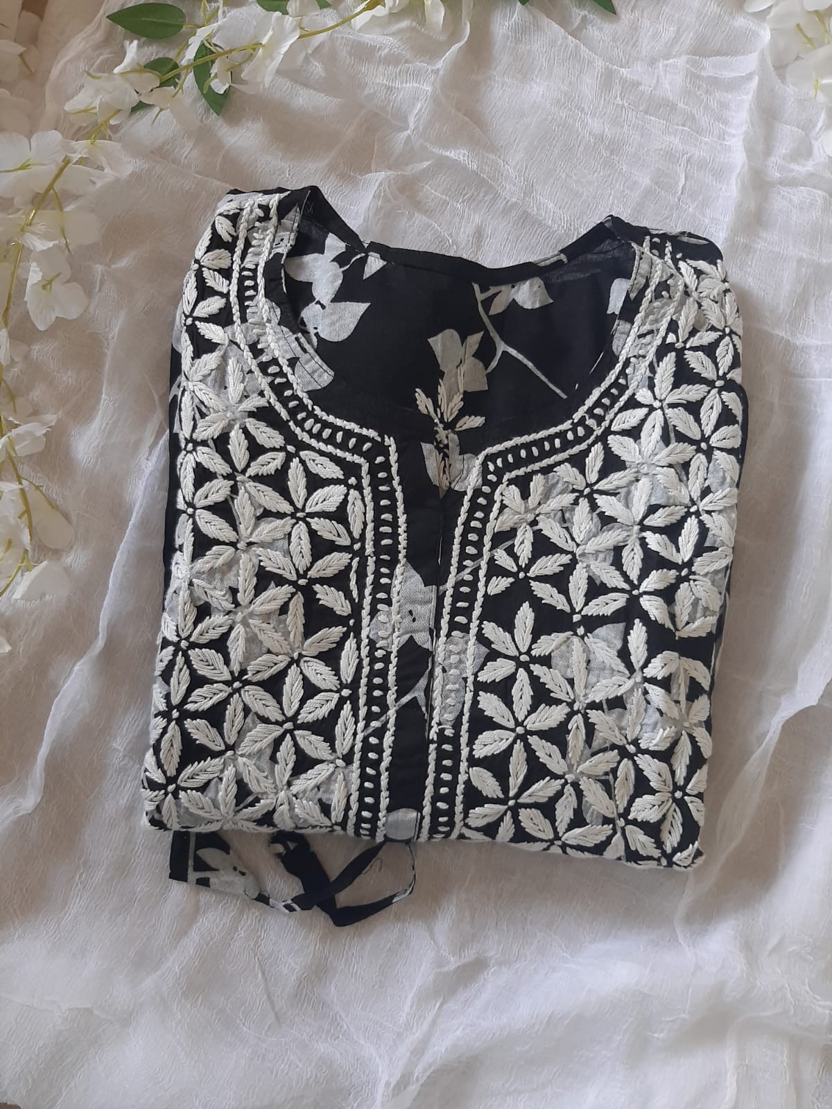Petals Printed Black Cotton Mulmul Chikankari Short Kurti