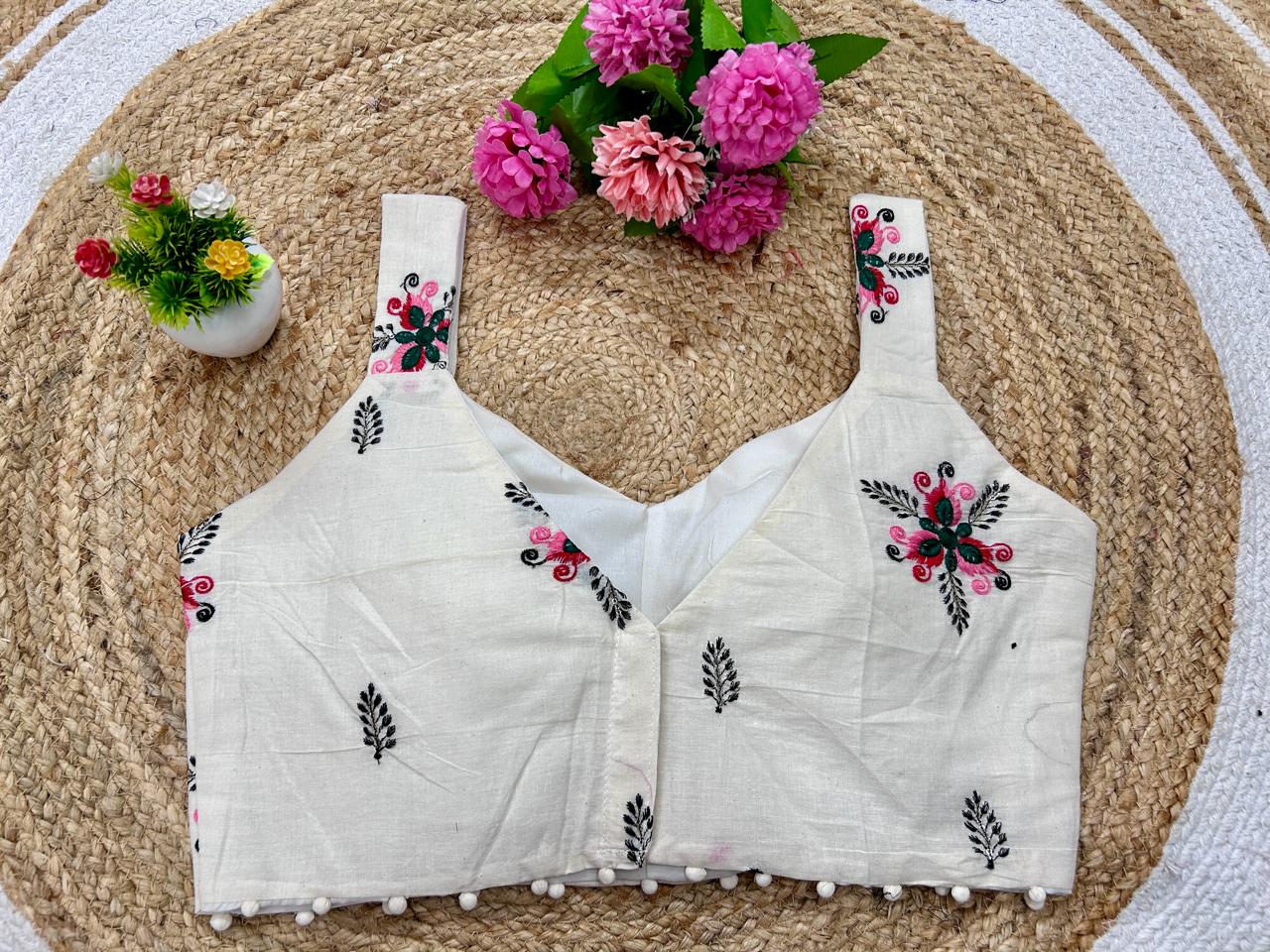 Cambric Cotton Designer Blouse With Embroidery And Sequined Work