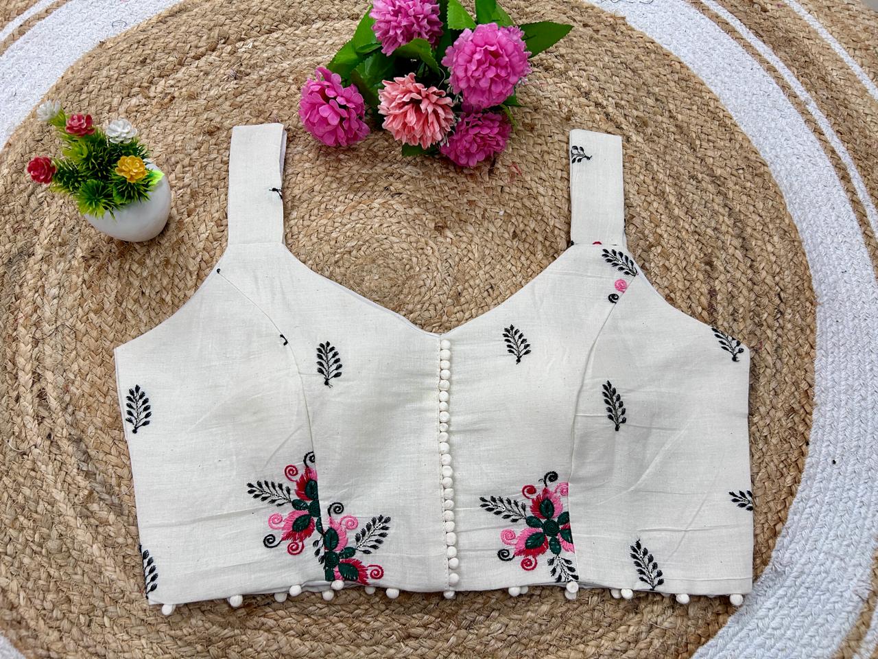 Cambric Cotton Designer Blouse With Embroidery And Sequined Work