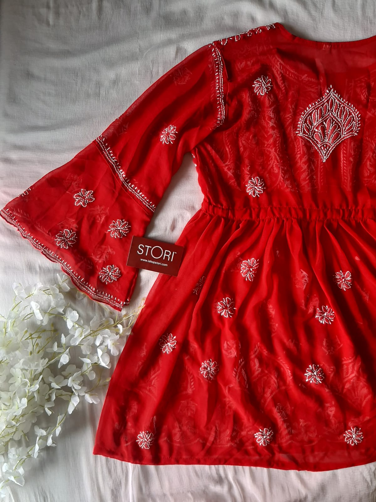 Adila Red Short Georgette Chikankari Kurti With Bell Sleeves