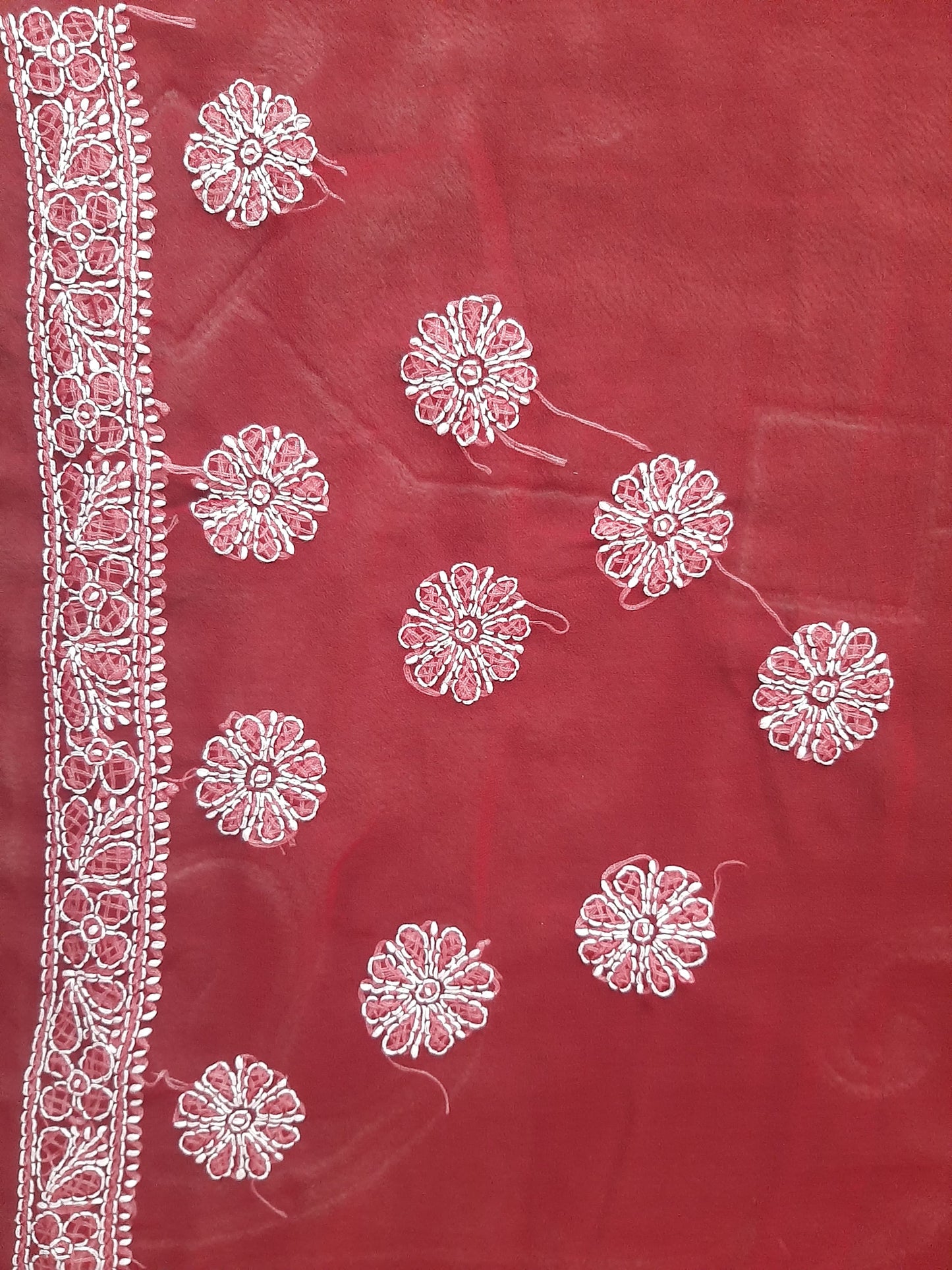 Red Noor Full Jaal Hand Embroidered Lucknowi Chikankari Saree