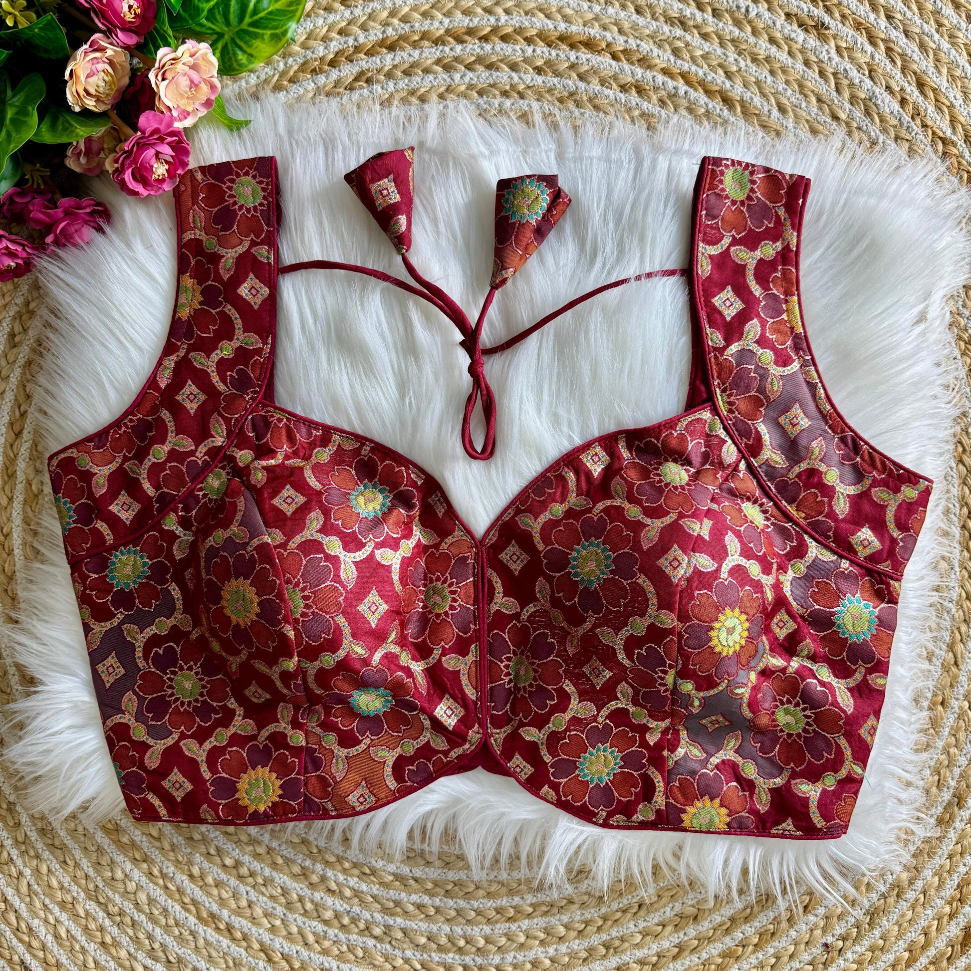 Maroon Mahira Jacquard Sleeveless Blouse