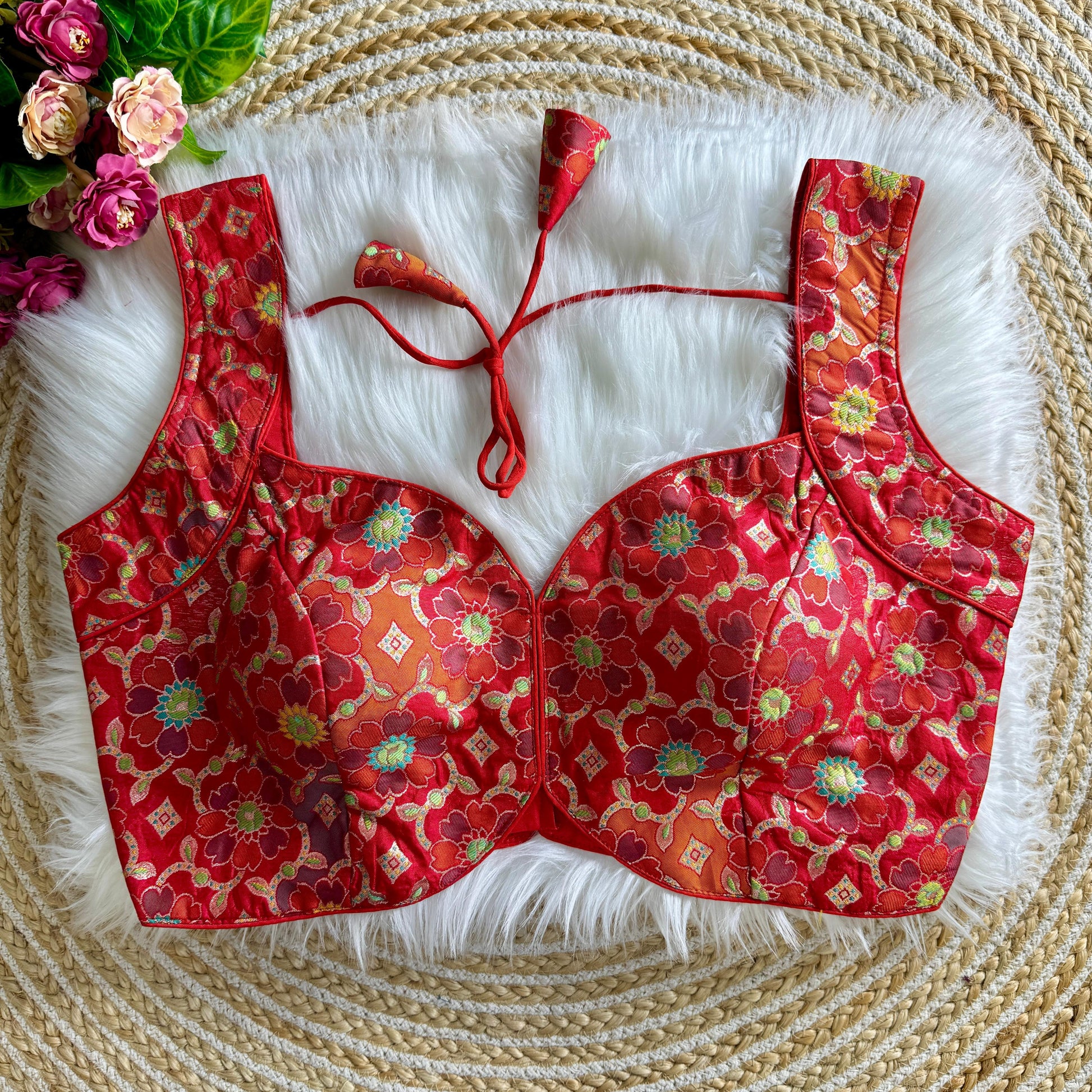 Red Mahira Jacquard Sleeveless Blouse