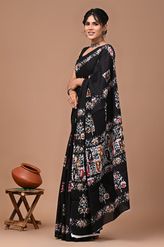 Black Batik Art Handloom Cotton Mulmul Saree