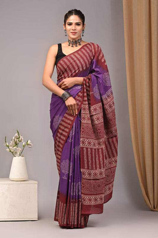  Purple Handloom Cotton Mulmul Saree online-STORI