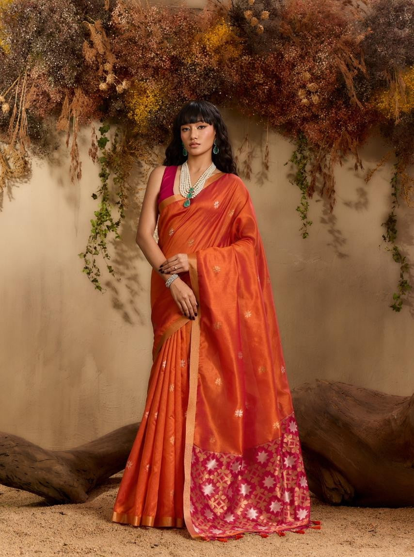 Orange & Red Tussar Silk Saree Online in STORI