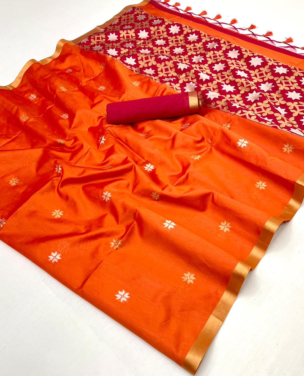 Orange & Red Tussar Silk Saree Online in STORI