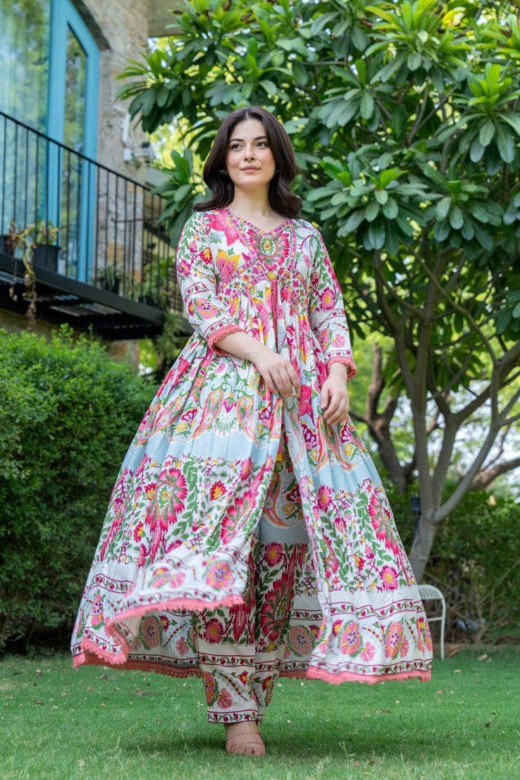 Floral Print Front Slit Three Piece Suit Set