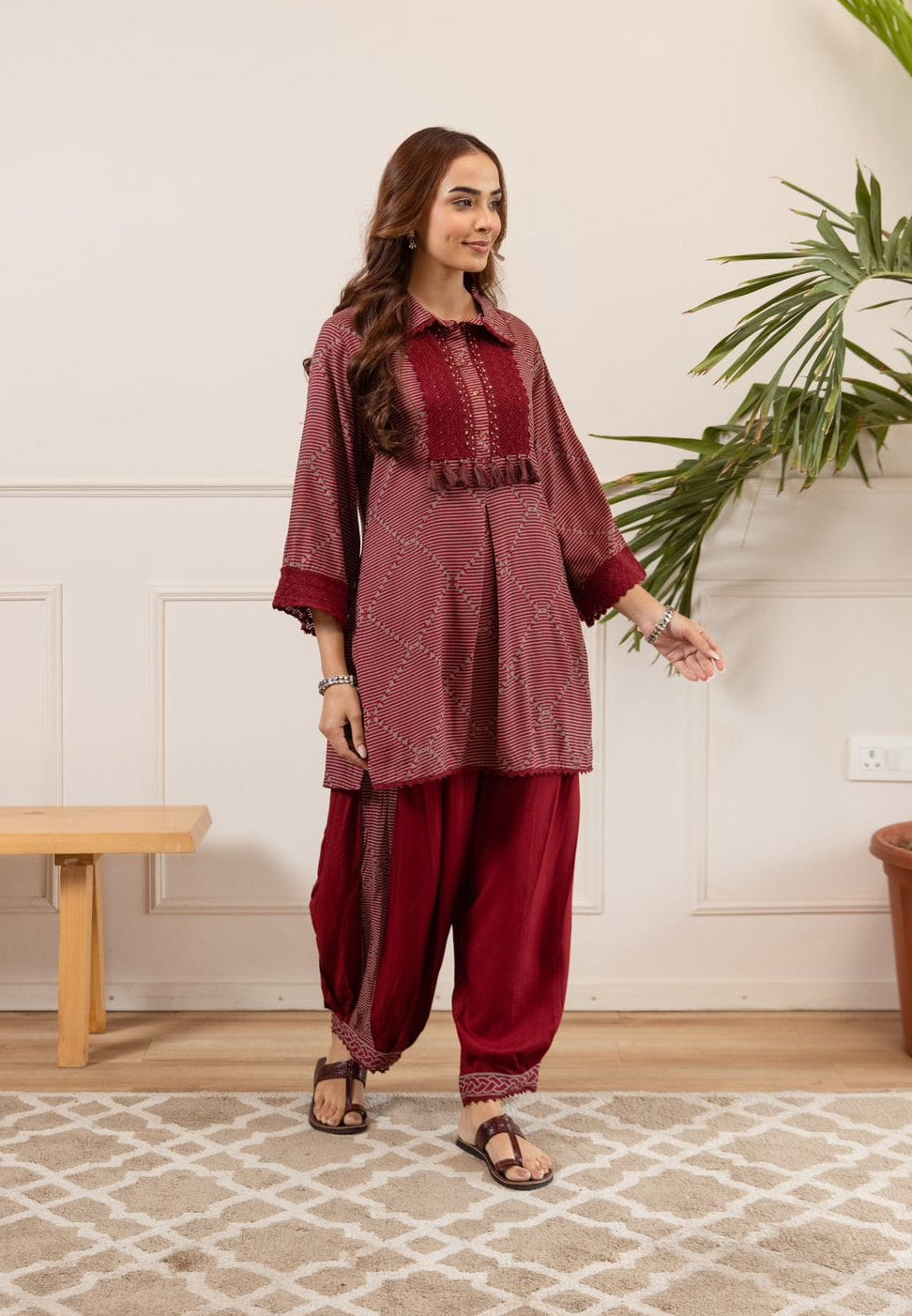 Maroon Collared Coord Set