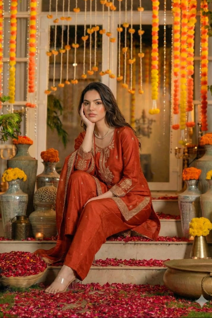 Rust Orange Silk Sharara Set
