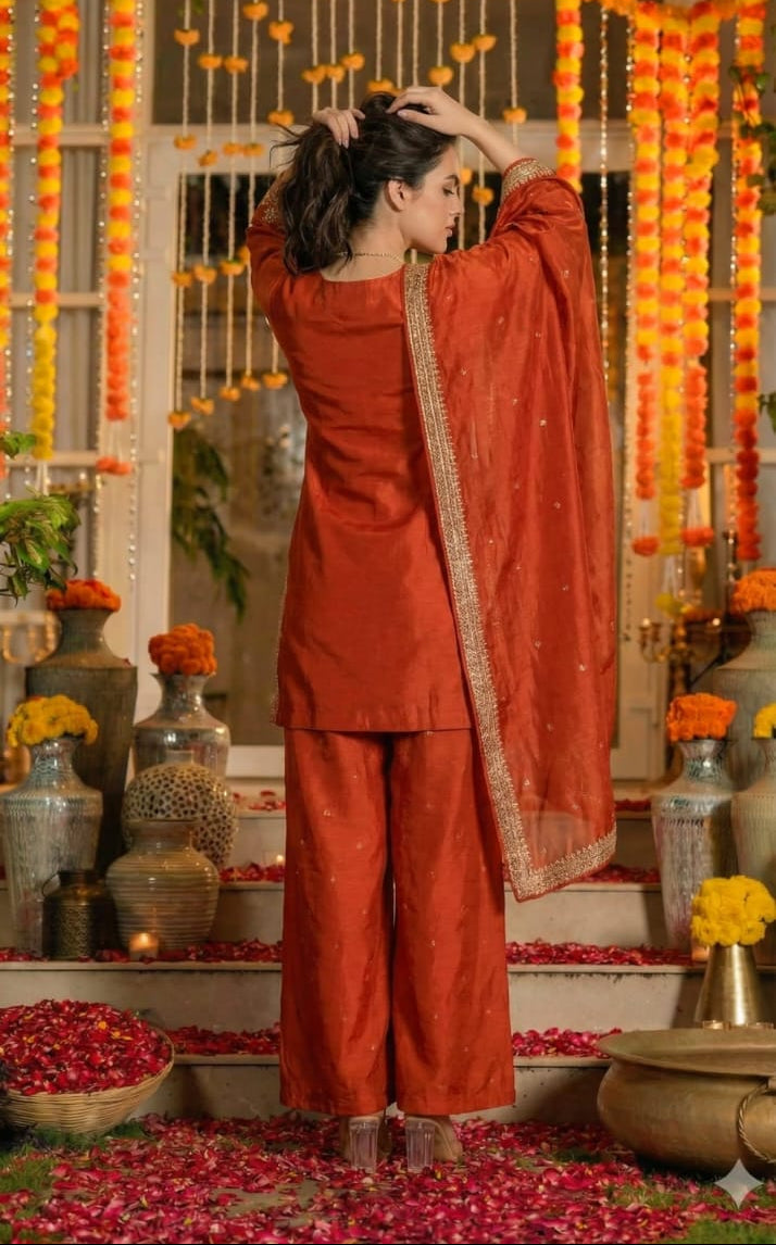 Rust Orange Silk Sharara Set