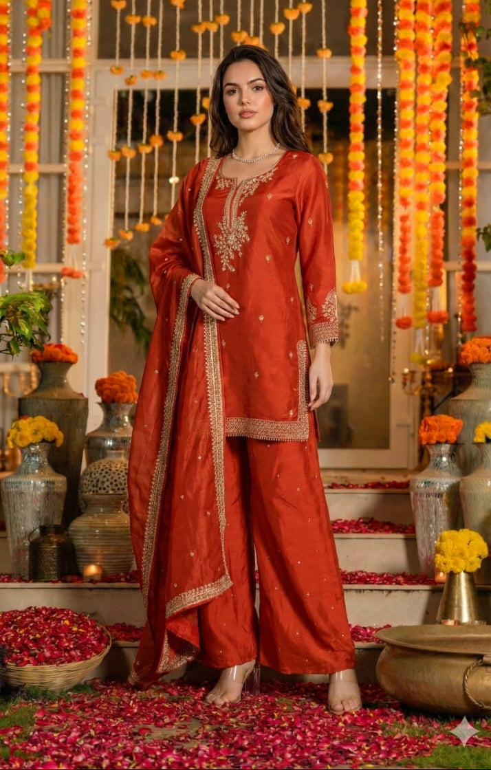 Rust Orange Silk Sharara Set