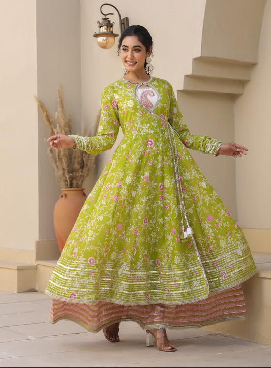 Lime Green Mul Cotton Angarkha Gotapatti Set