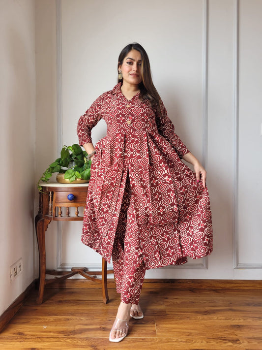 Maroon Nyra Cut 2-Piece Cotton Kurti Set