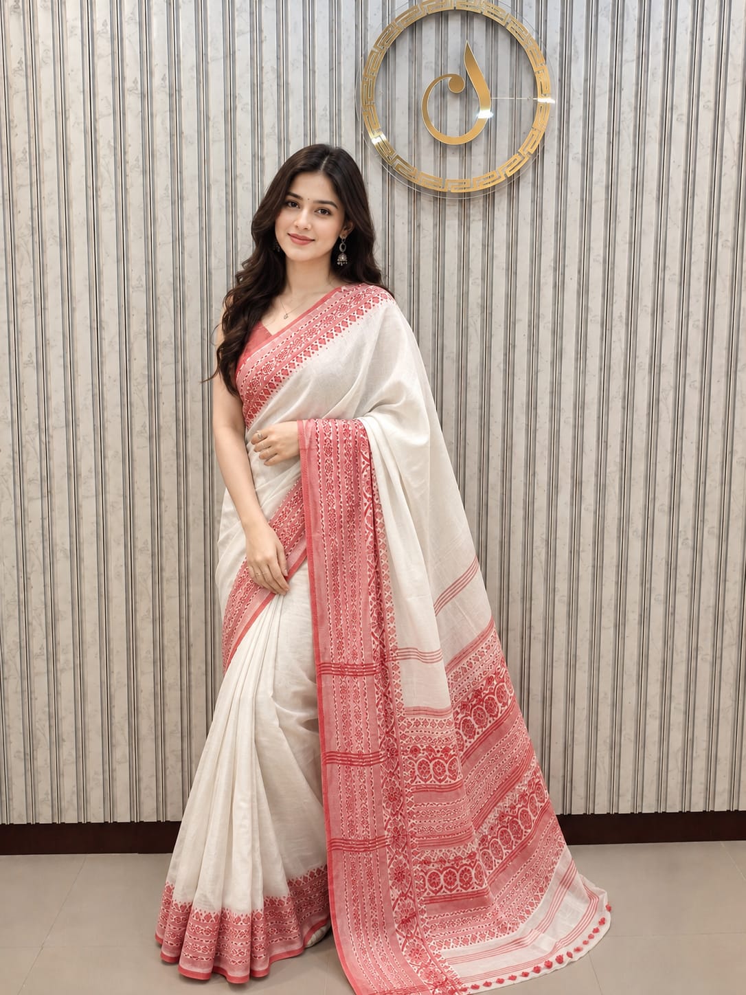Red & White Embroidery Begali  Cotton Saree