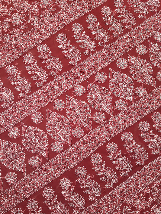 Deep Red Noor Full Jaal Hand Embroidered Lucknowi Chikankari Saree