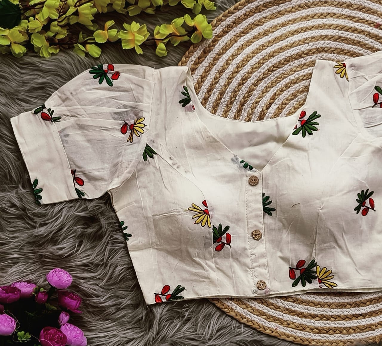 Embroidered Cambric Cotton Designer Blouse With Puffed Sleeves
