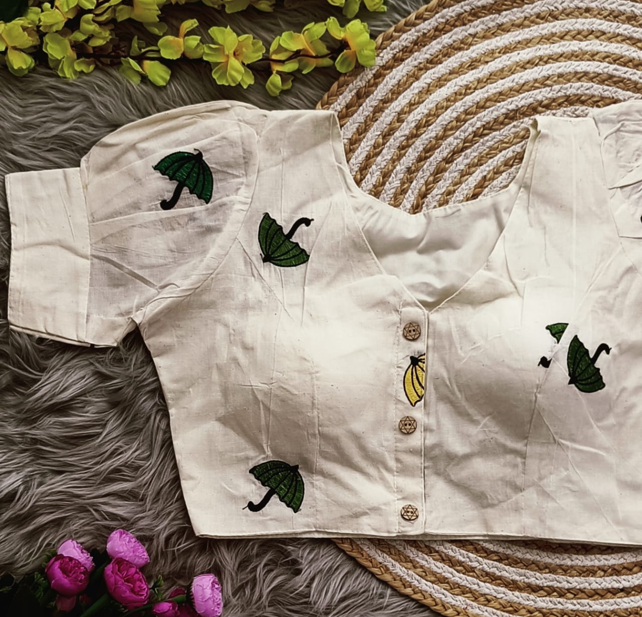 Embroidered Cambric Cotton Designer Blouse With Puffed Sleeves