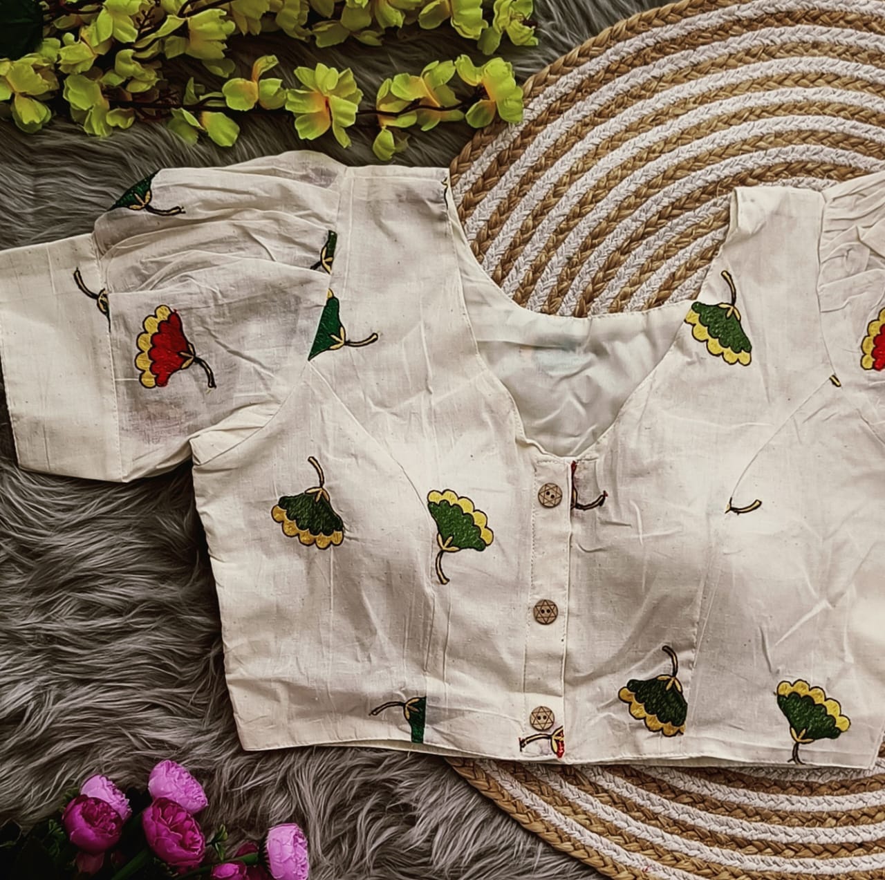 Embroidered Cambric Cotton Designer Blouse With Puffed Sleeves