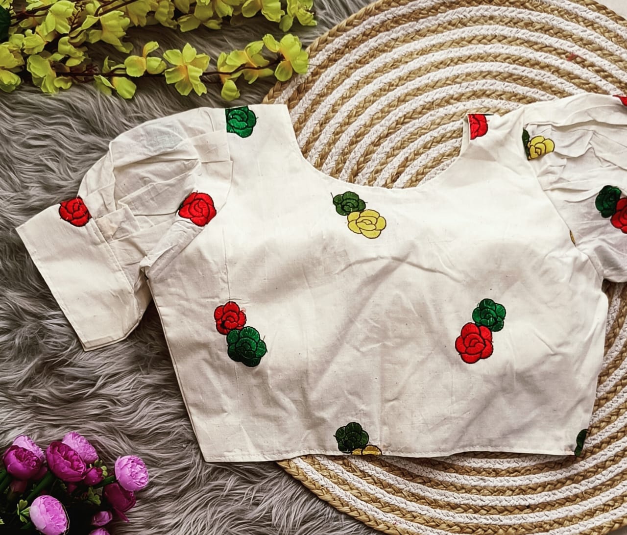 Embroidered Cambric Cotton Designer Blouse With Puffed Sleeves