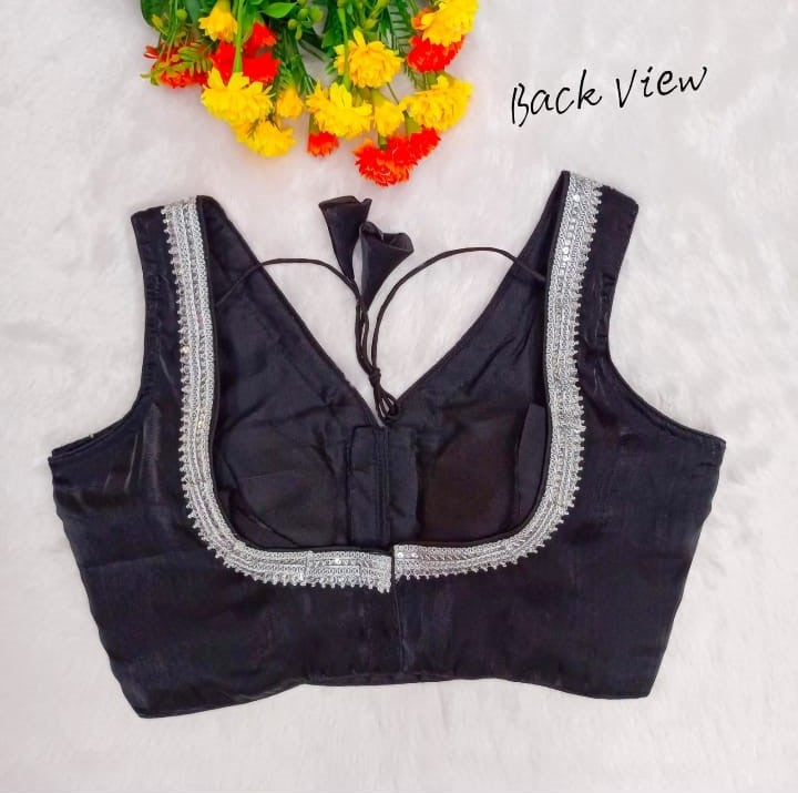 Black Readymade Organza Blouse with Silver Zari Lace