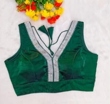 Green Readymade Organza Blouse with Silver Zari Lace